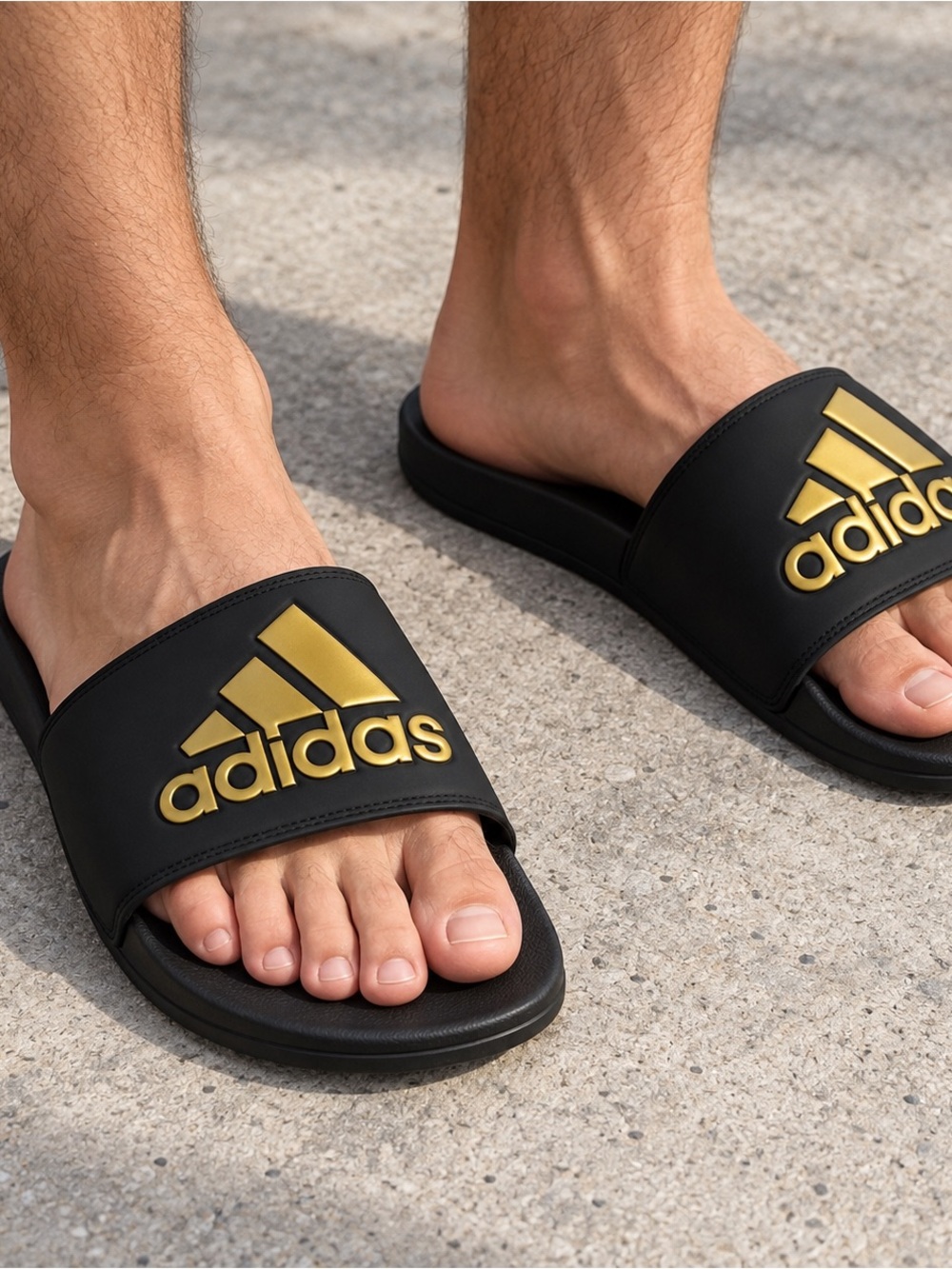 adidas Black Slides with Gold Logo
